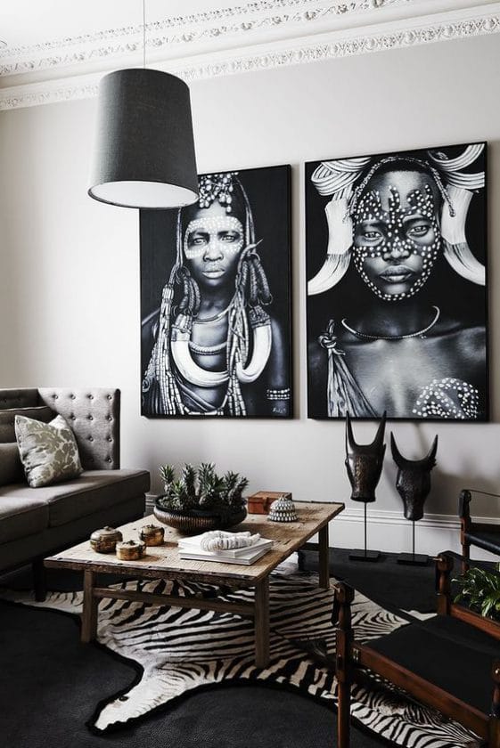 Afrikansk stil med sebraskinn og svart-hvitt bilder
